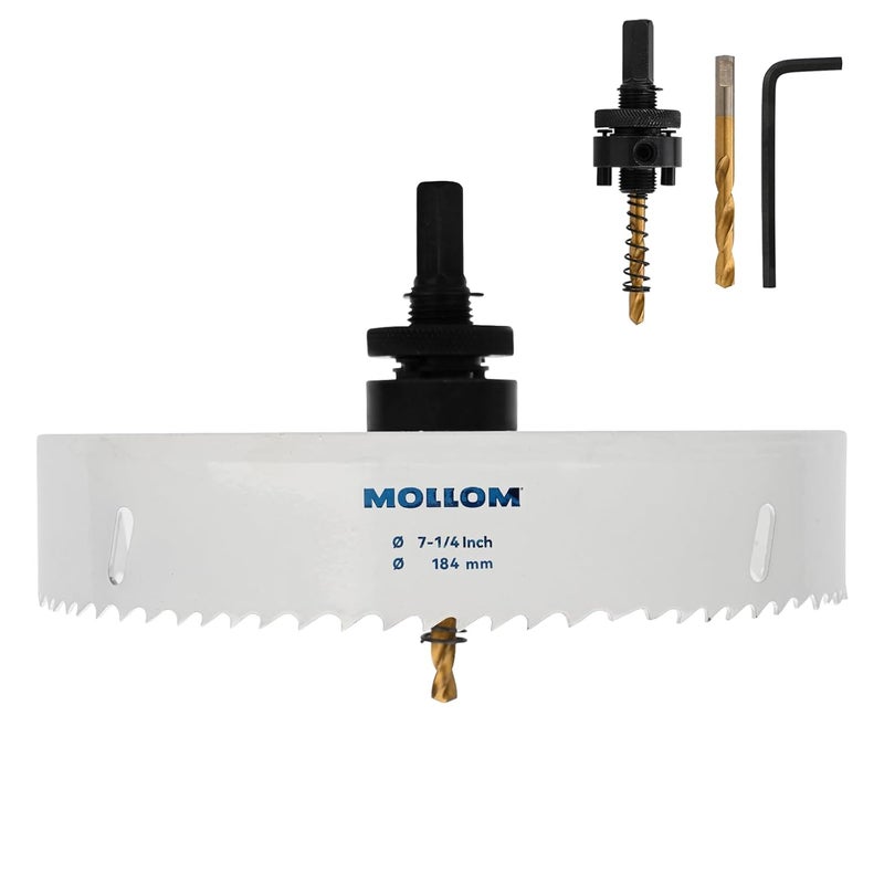 Mollom (184mm | 7-1/4") HSS M42 with 8% Cobalt BI-Metal Hole Saw with 2 Pilot Drill Bits & Arbor Smooth Cutting for PVC,Drywall,Wood,Plastic,Gypsum Board,Rubber - Image 1